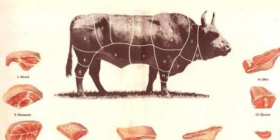 Řezání jatečně upraveného těla krávy Velký kus s kostním hovězím masem